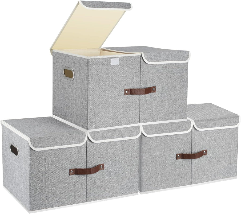 TYEERS Extra Large Collapsible Storage Bins with Lids and Compartments, Organizing Bins for Closet Storage, Clothes Storage, Cube Organizer for Home Office Storage - 3 Pack - Gray