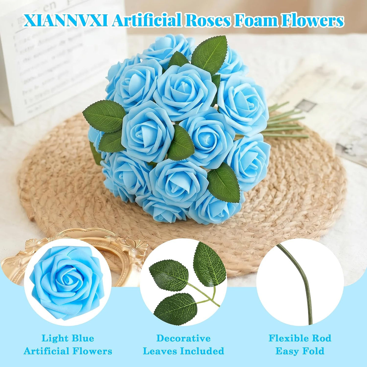 XIANNVXI 16Pcs Light Blue Artificial Rose Flowers