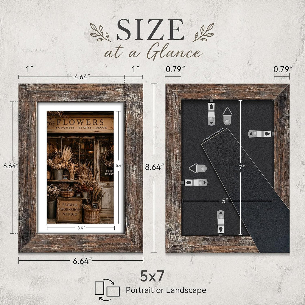 5x7 Picture Frames Set of 4, Vintage Rustic Style, HD Real Glass