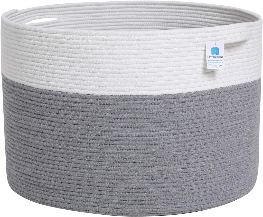 24x24x17 Inch Cottonphant Extra Large Round Blanket Basket for Living Room, Open Woven Cotton Rope Storage Basket, Jumbo Bin for Bedroom Playroom, Grey