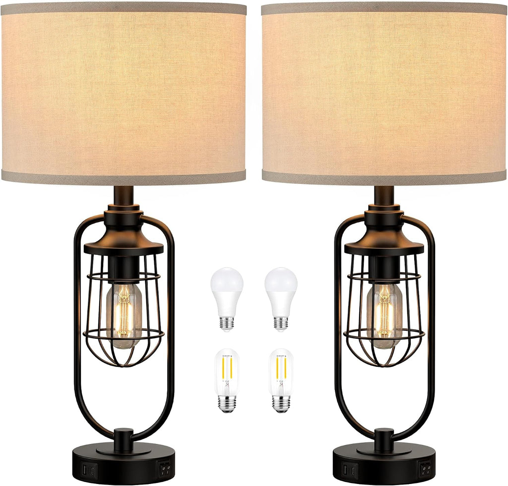 24" Farmhouse Black Table Lamps Set of 2 for Living Room, USB A+C