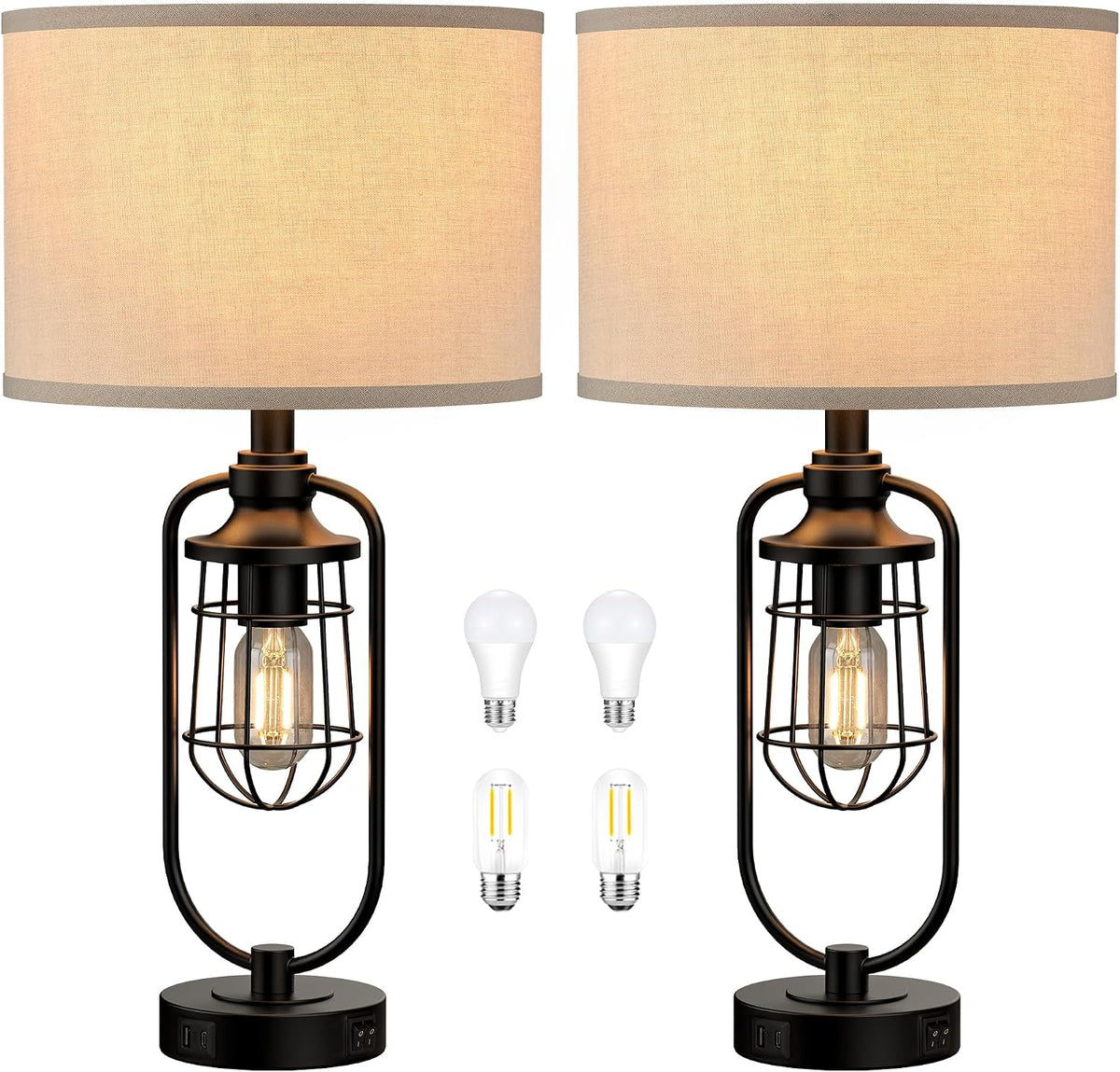 24" Farmhouse Black Table Lamps Set of 2 for Living Room, USB A+C