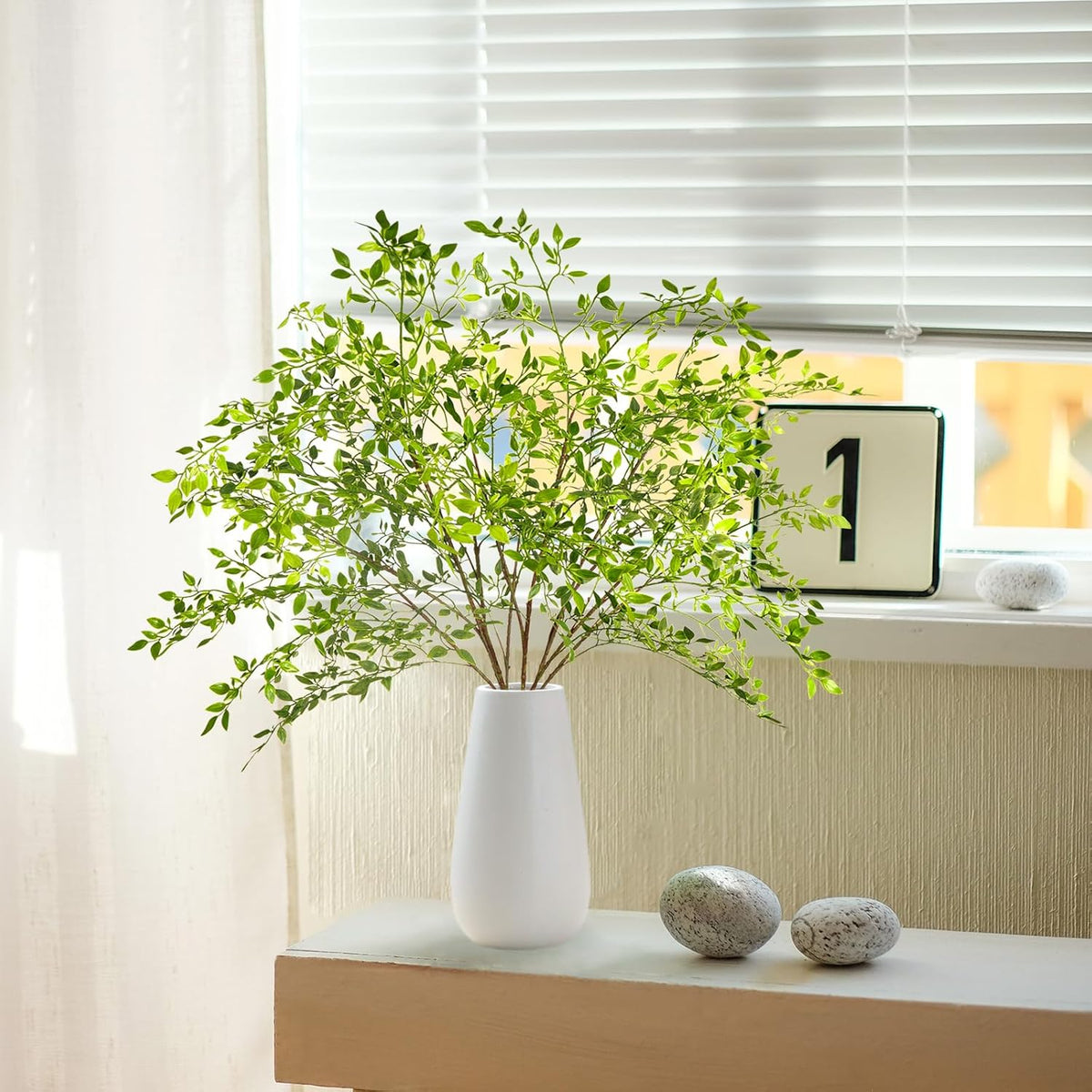 Ttranewsoo Artificial Greenery Stems, 43.3" Nandina Branches Tall Faux Plant Stems for Vase, Greenery Decor Stems Leaves Bunches for Shop Garden Office Home Décor(4Pcs,Green)