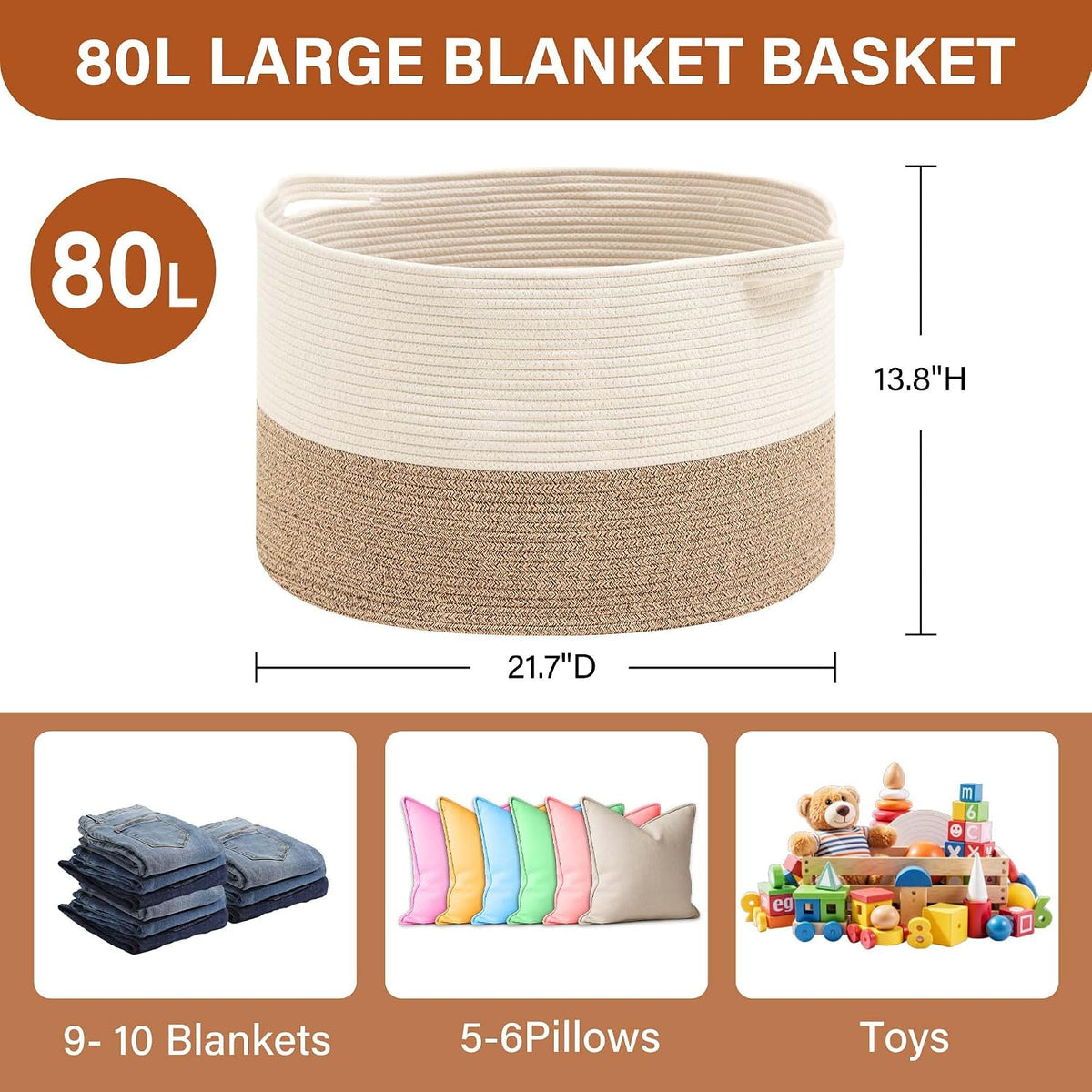 Foldable Laundry Hamper Basket with Collapsible Handle Cotton Rope Soft Woven Fabric Storage Organizer Clothes Toys Nursery Bedroom Dorm Space Saving Bin (White & Brown, 80L(21.7"D x 13.8"H))