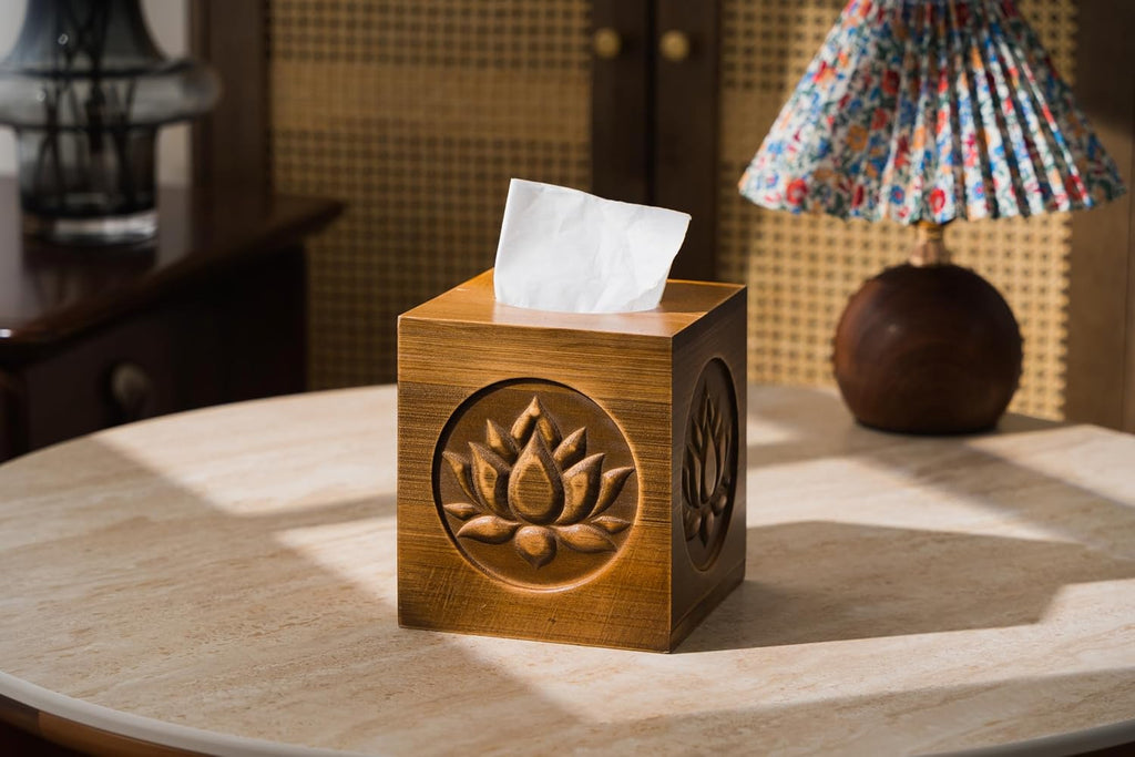 Ukwell Wood Carved Tissue Box Cover Square Distressed Brown Tissue Holder with Embossed Lotus Pattern, Rustic Vintage Home Decor for Bathrooom Bedroom Living Room