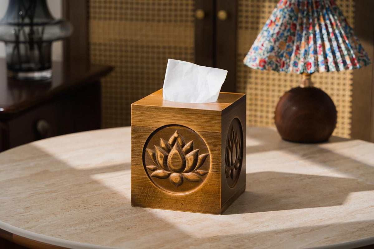 Ukwell Wood Carved Tissue Box Cover Square Distressed Brown Tissue Holder with Embossed Lotus Pattern, Rustic Vintage Home Decor for Bathrooom Bedroom Living Room