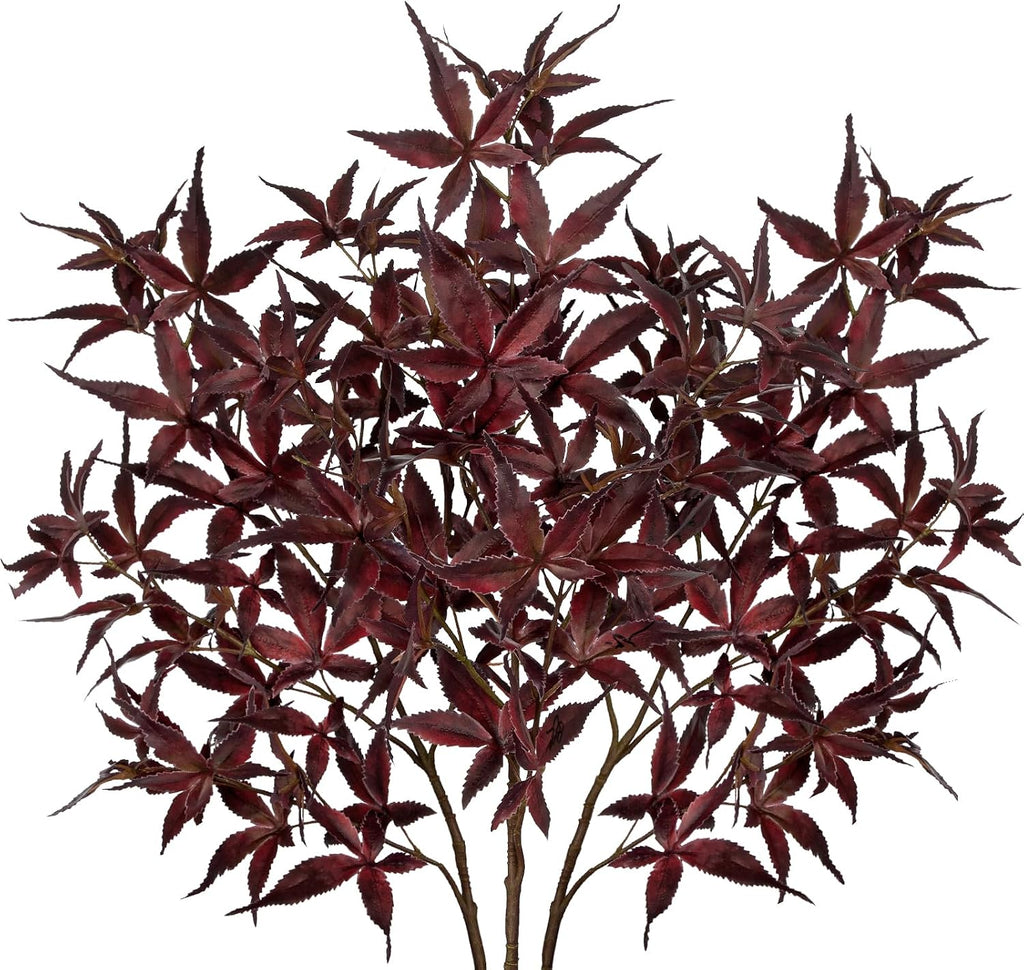 Hollyone 3Pcs Artificial Japanese Maple Leaves Branches 26'' Fake Fall Leaves Stems Plants Red Faux Maple Leaf Bushes Shrubs for Home Decor Thanksgiving Festival Party Autumn Decorations Burgundy