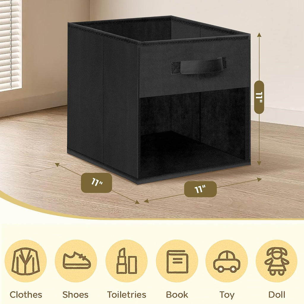 Storage Cubes with Clear Window, 11" Storage Bins, Foldable Cube Storage Box, Fabric Closet Organizers with Handles for Home, Office, Shelf, Closets, Living Room, Black, 6 Pack