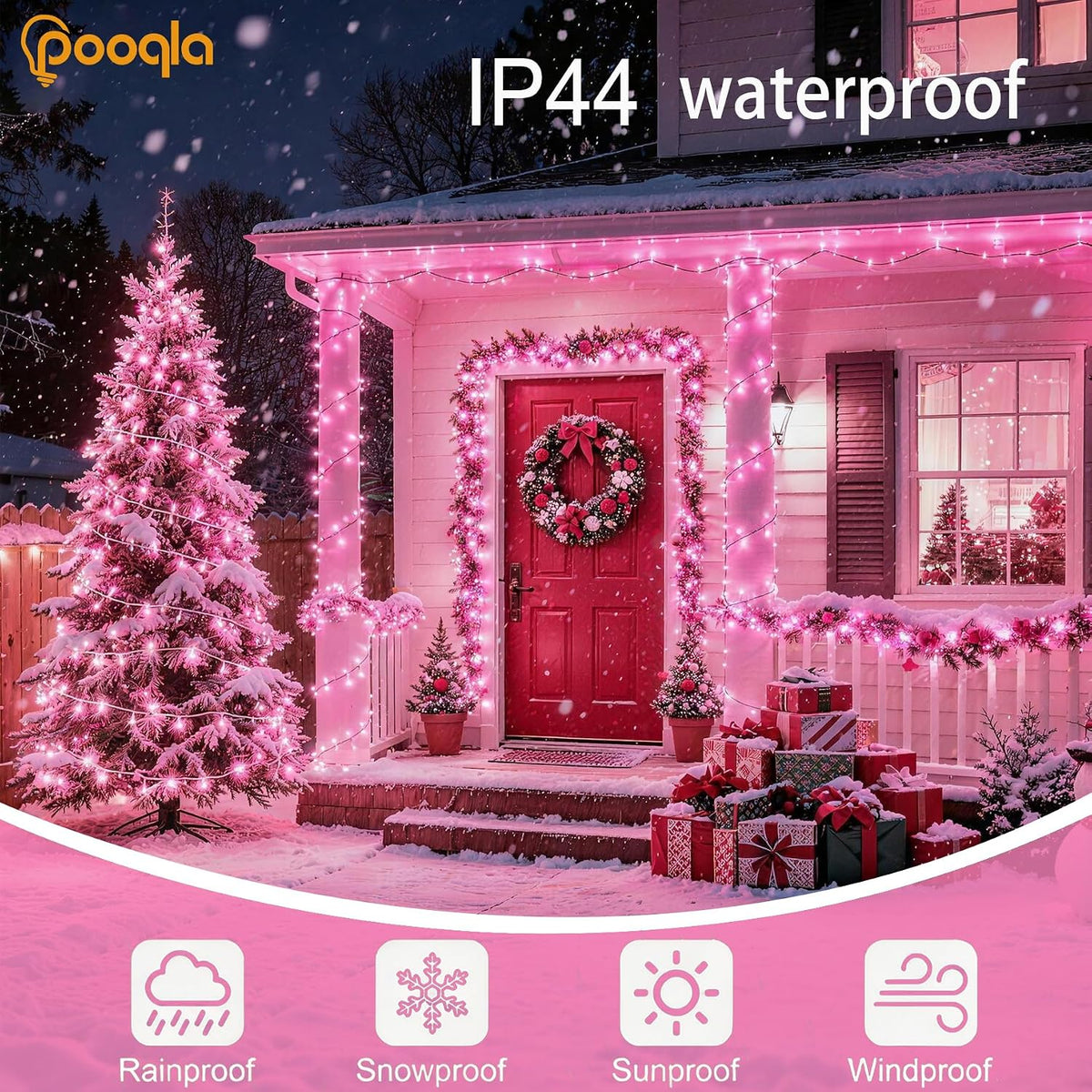 Pooqla 200 LED String Lights Indoor Outdoor, 66 ft Pink Christmas Lights Plug in with Timer, Connectable 8 Modes Waterproof Clear Wire Twinkle Fairy Lights for Halloween Xmas Tree Yard Wedding Decor