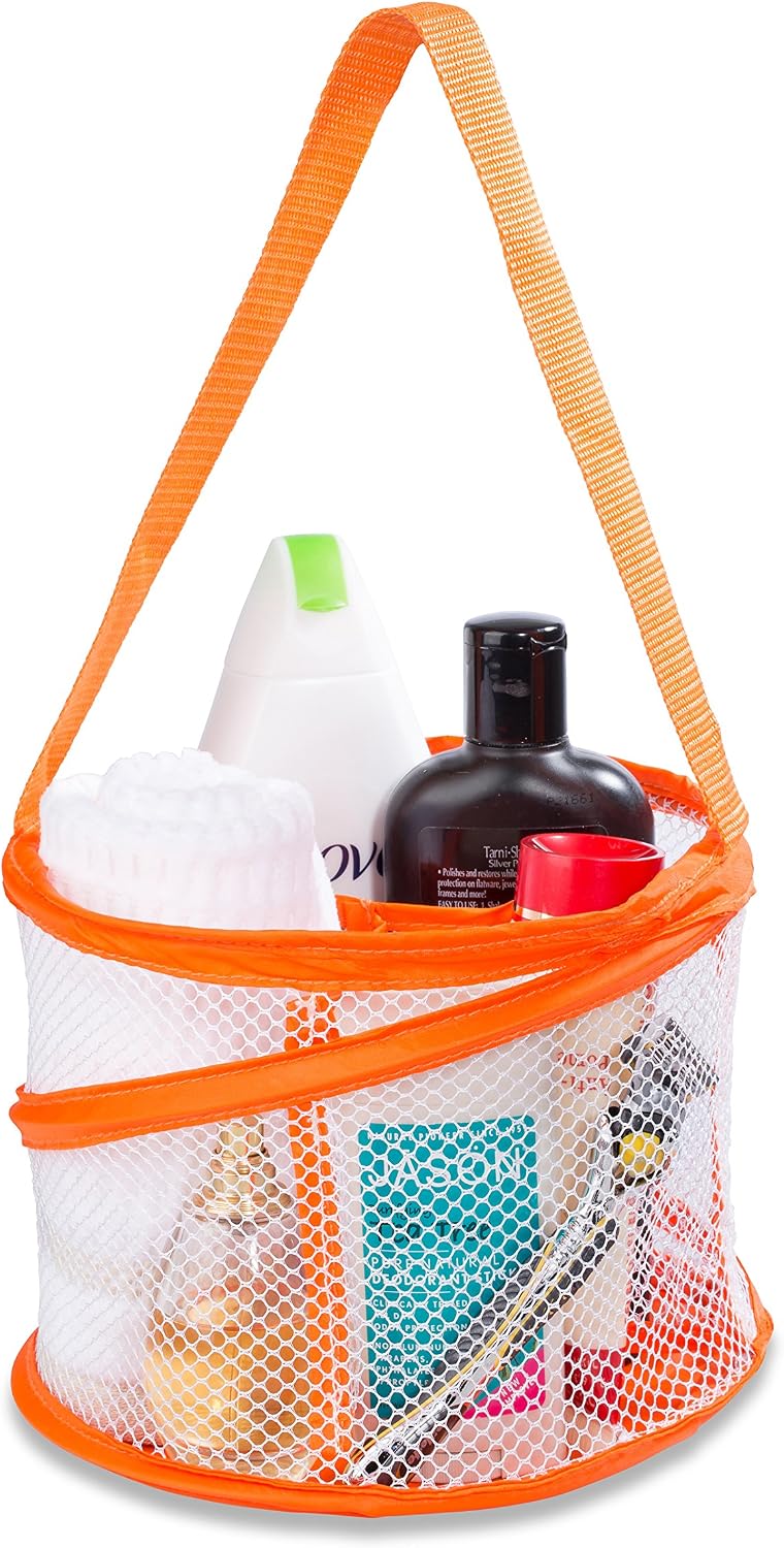 Handy Laundry Portable Shower Caddy – Collapsible Mesh Organizer with Handle, Quick Dry, Large Compartments for Dorm, College, Gym, Travel, Camp, Bathroom Essentials (Orange)