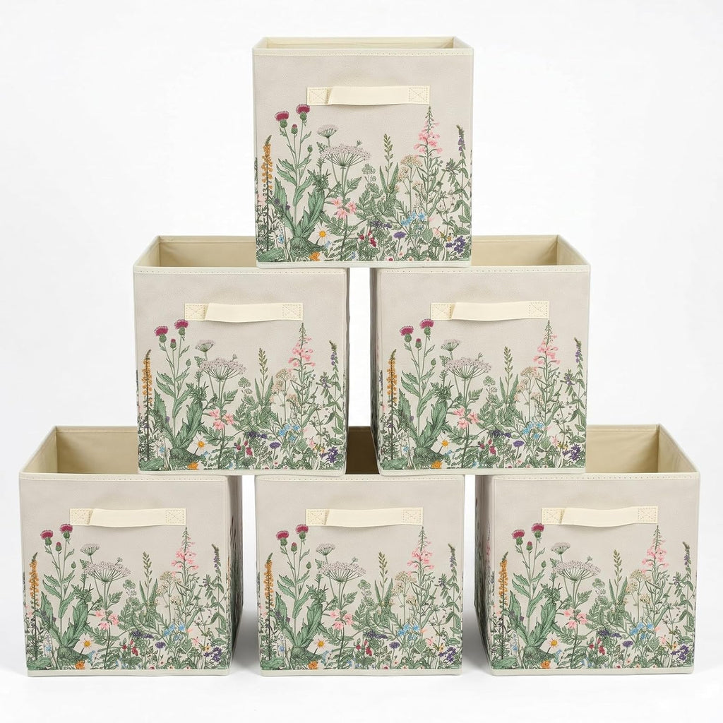 6 Pcs Wild Floral Cube Storage Bins 12.5 Inch Flower Storage Basket with Handle, Beige Collapsible Fabric Box for Classroom Bedrooms Office Home Decoration