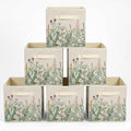6 Pcs Wild Floral Cube Storage Bins 12.5 Inch Flower Storage Basket with Handle, Beige Collapsible Fabric Box for Classroom Bedrooms Office Home Decoration