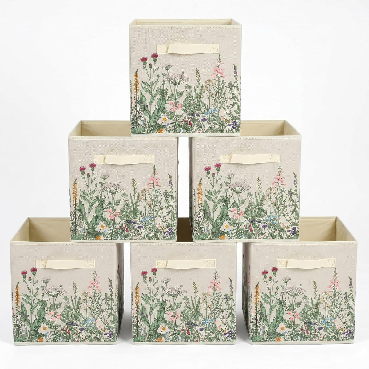 6 Pcs Wild Floral Cube Storage Bins 12.5 Inch Flower Storage Basket with Handle, Beige Collapsible Fabric Box for Classroom Bedrooms Office Home Decoration
