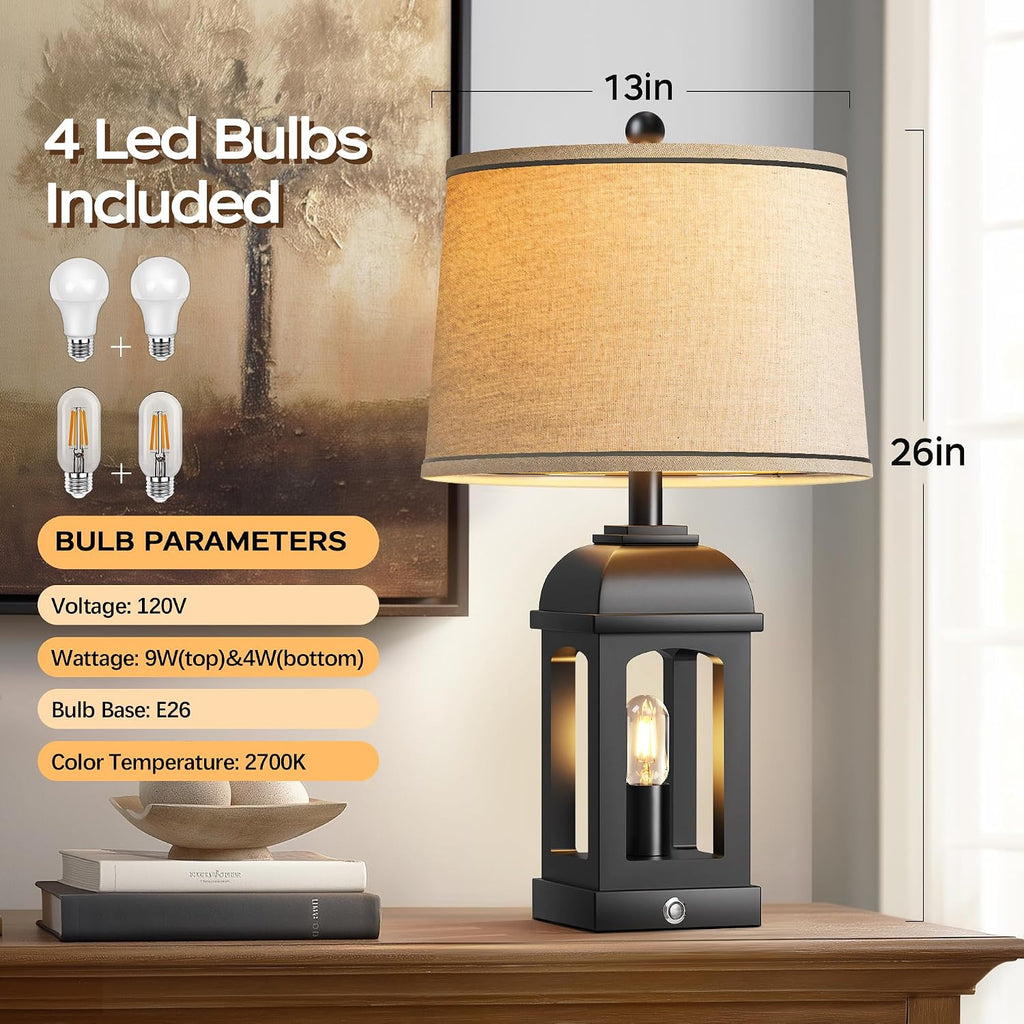 QiMH Table Lamp for Living Room, Farmhouse Lamps Set of 2 with USB A+C and Nightlight, 26" Rustic Bedside Lamps with 3-Way Dimmable Touch Control, Nightstand Lamp for Bedroom Decor, Black