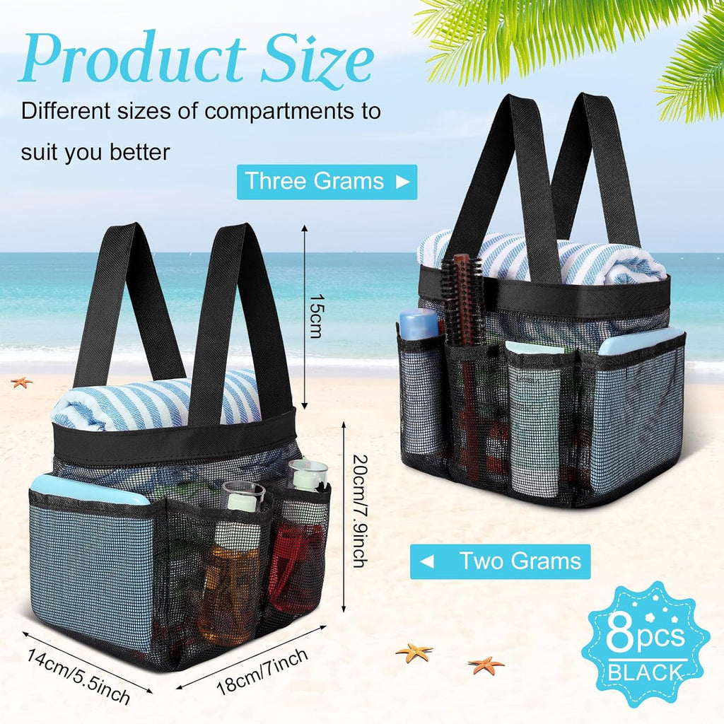 8 Packs Large Mesh Shower Caddy with 8 Pocket and Handle, Black