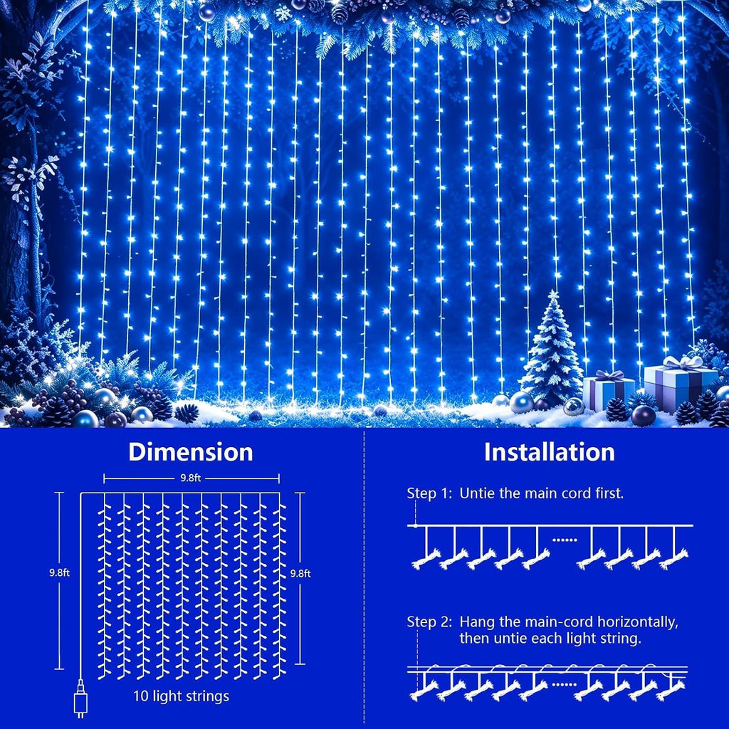 YEGUO 300 LED Blue Christmas Lights, Curtain Lights Plug in, 8 Modes Hanging String Lights for Bedroom Wall Window Backdrop Indoor Outdoor Party Xmas Decorations-9.8x9.8ft