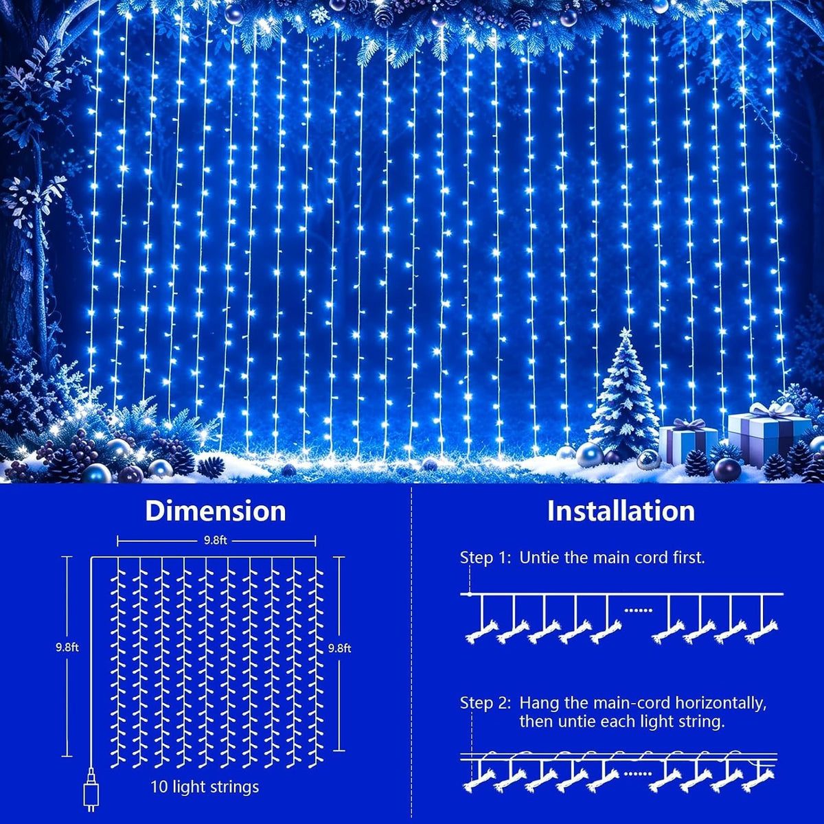 YEGUO 300 LED Blue Christmas Lights, Curtain Lights Plug in, 8 Modes Hanging String Lights for Bedroom Wall Window Backdrop Indoor Outdoor Party Xmas Decorations-9.8x9.8ft