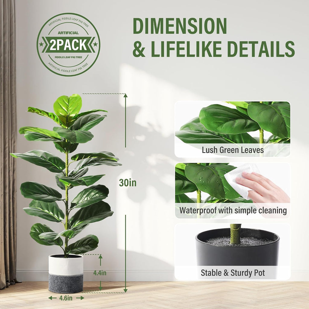 Suntee 2 Pack Faux Fiddle Leaf Fig Trees with Felt Fabric Cover, 30 Inches