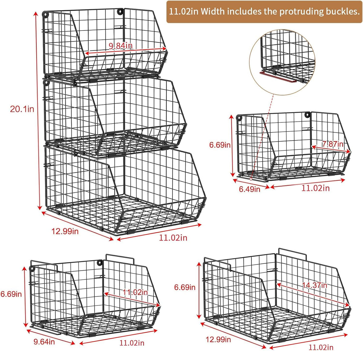 3-Tier Stackable Wire Baskets, Fruit and Vegetable Storage for Counter