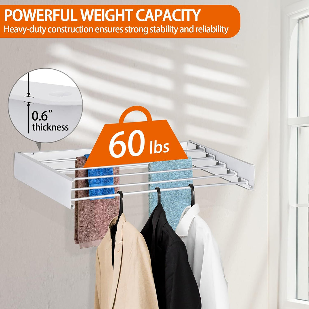 FOCHIER F Laundry Drying Rack Wall Mounted Clothes Drying Rack Collapsible with 5 Aluminum Rods and Drilling Template Long Screwdriver Bit 60 lbs Capacity (White, 40")