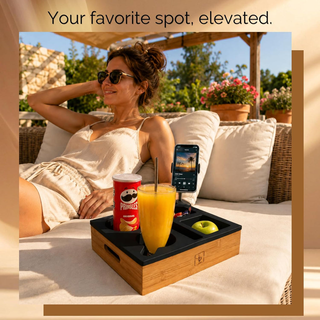 Couch Caddy with Cup Holder | Wood Couch Cup Holder Tray for Drinks, Snacks & Remotes | Sofa Couch Organizer with Phone & Cup Holder Tray (Black)