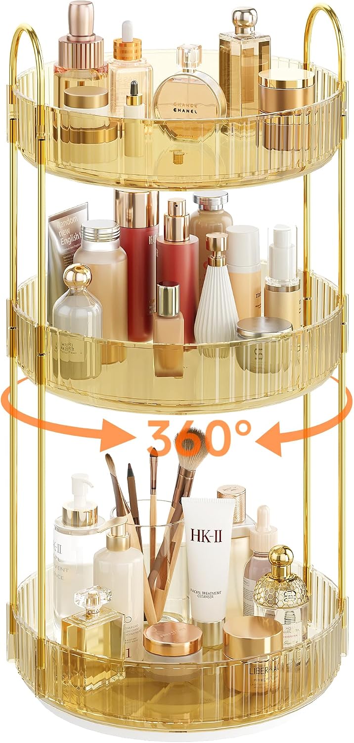 Rotating Makeup Organizer Countertop, 3 Tier, Gold