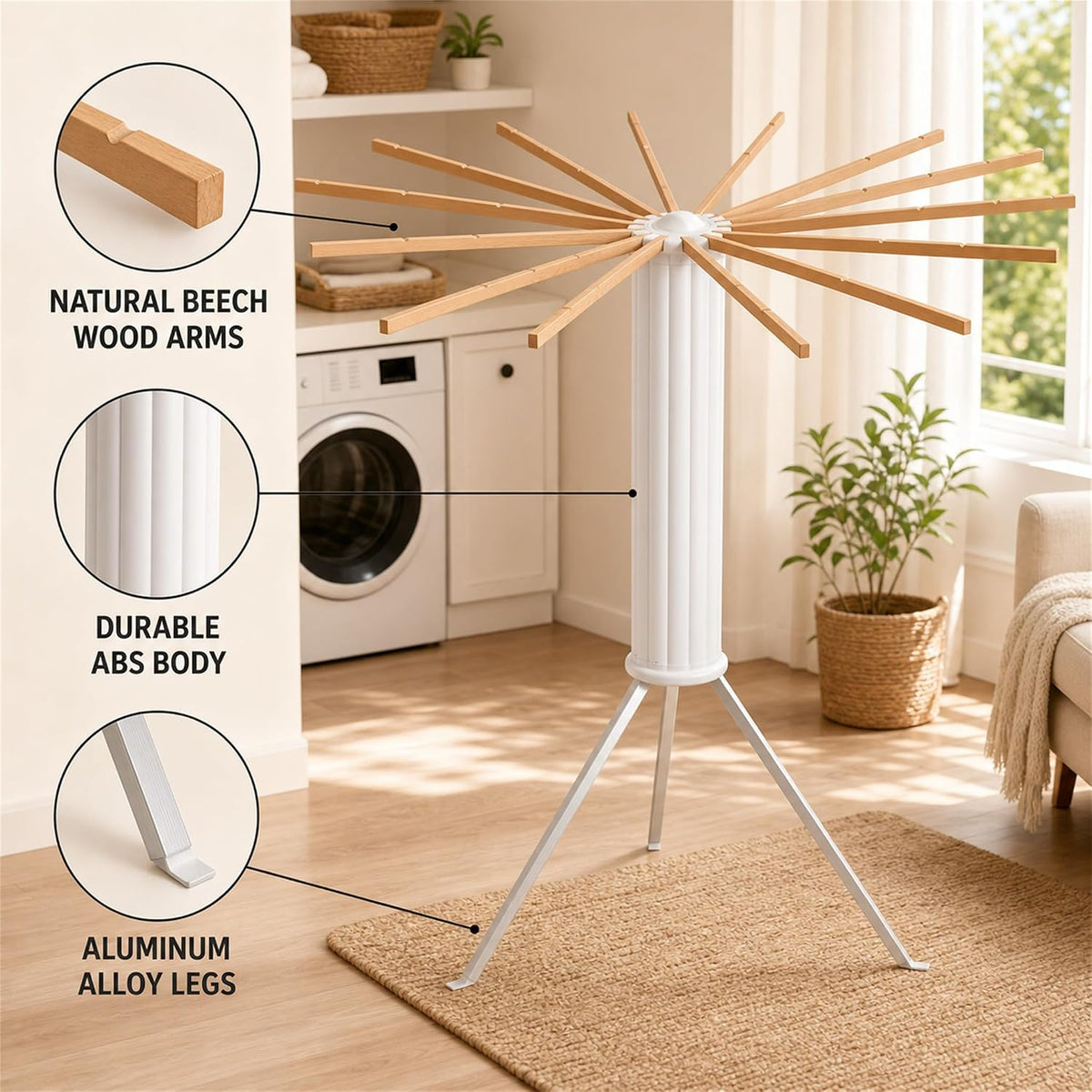 Clothes Drying Rack Foldable, Portable Laundry Drying Rack for Clothes with 16 Wooden Rods & 48 Windproof Slots, Collapsible Tripod Dry Rack for Apartment, RV, Balcony