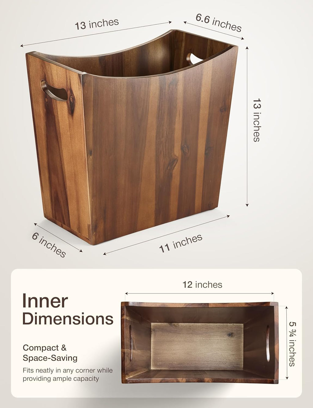Tidita 3-Gallon Acacia Wood Wastebasket, Small Wood Trash Can with Handles