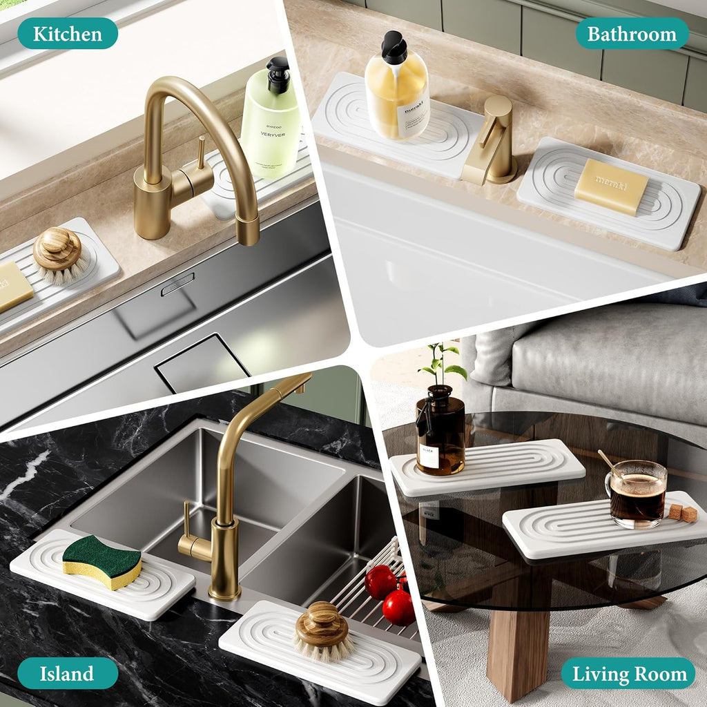 2PCS Diatomite Water Absorbing Stone Tray for Sink, Fast Drying Stone Drying Tray, Faucet Mat for Kitchen Sink and Counter, Bathroom Trays, Holders & Vanity Organizers White-Multi-Oval-9.8"x 4"