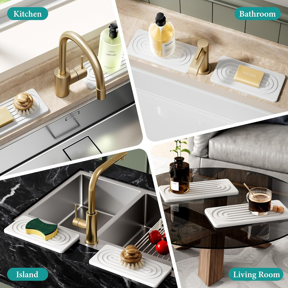 2PCS Diatomite Water Absorbing Stone Tray for Sink, Fast Drying Stone Drying Tray, Faucet Mat for Kitchen Sink and Counter, Bathroom Trays, Holders & Vanity Organizers White-Multi-Oval-9.8"x 4"