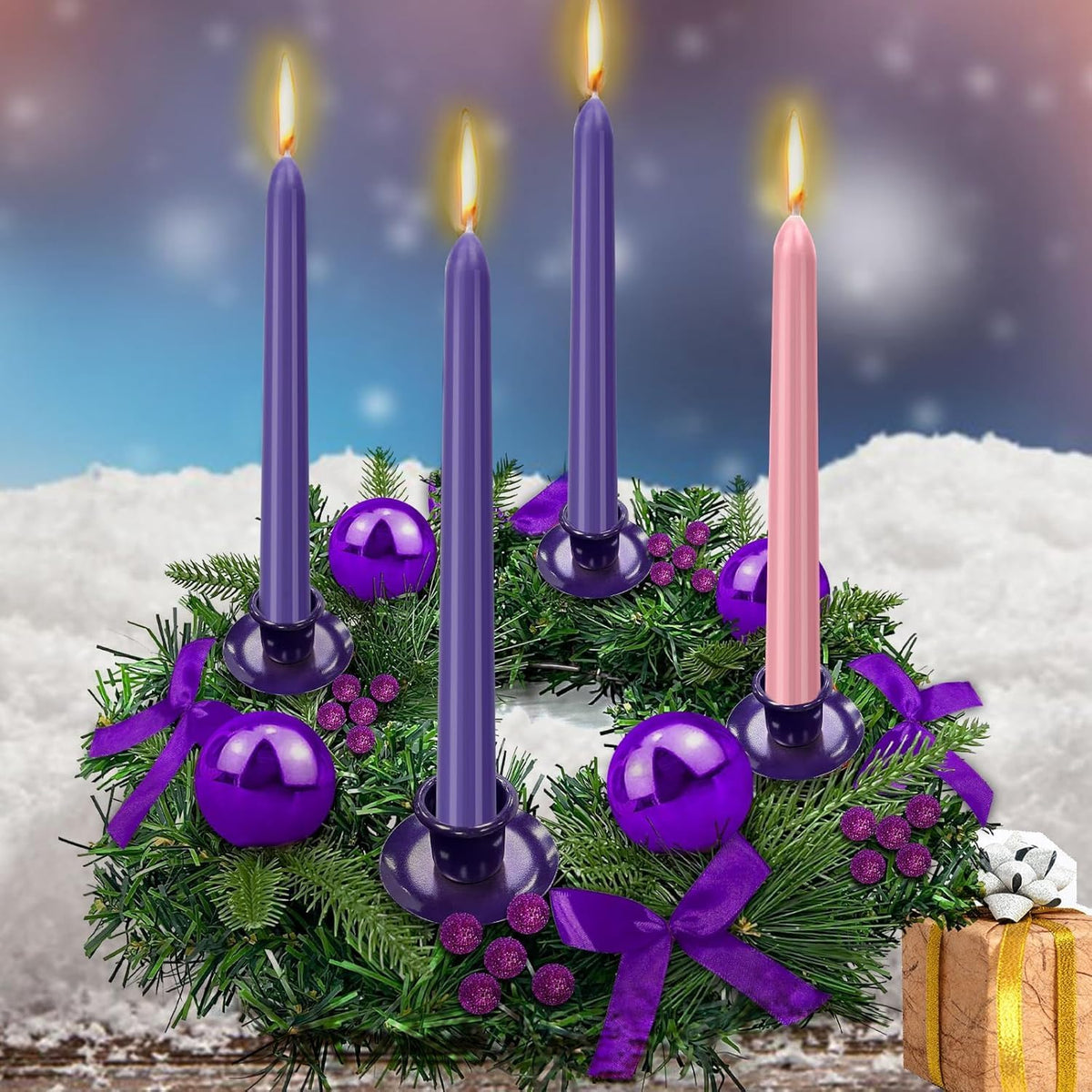 4 Pack Advent Candles Set - 10-Inch Dripless, Unscented, Smokeless, Long-Lasting Advent Tapered Candles for Christmas, Hand-Poured in Pink and Purple