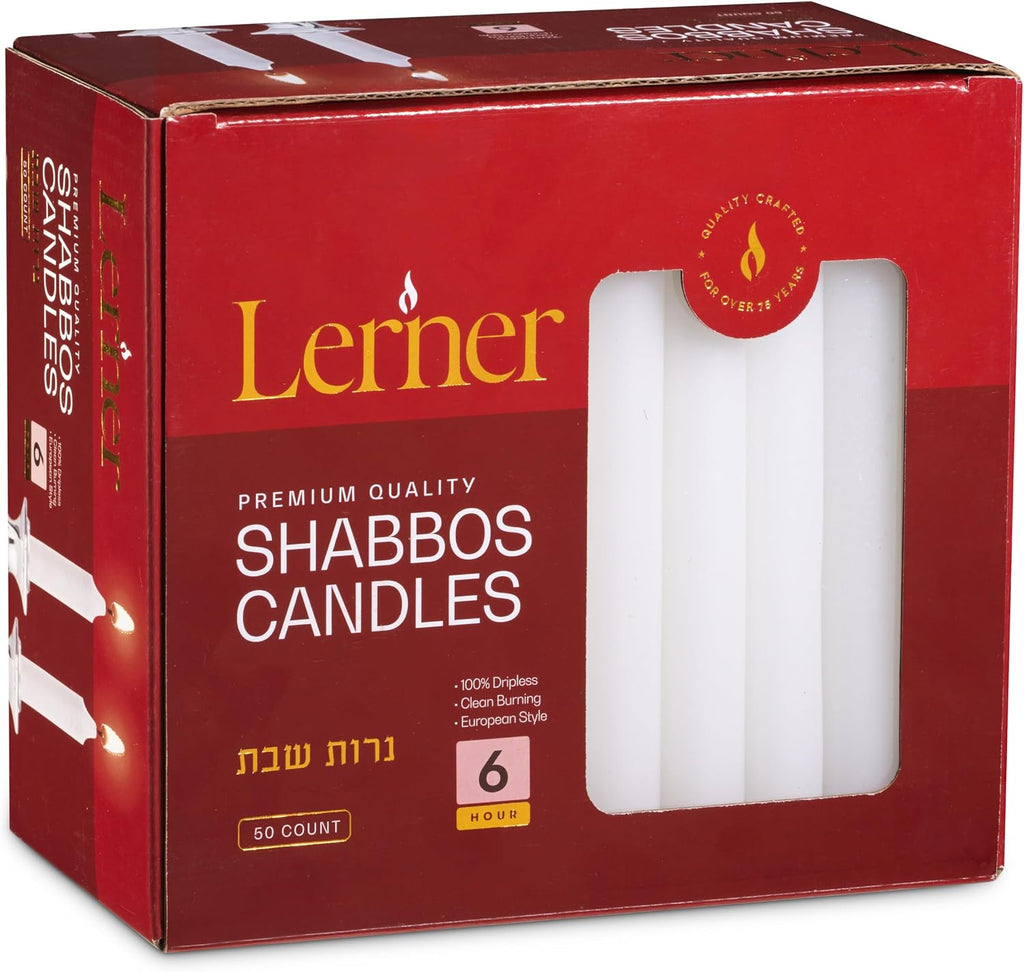 Lerner White Household Candlesticks, Pack of 100 | 6-Hour Burning Time | 7 Inch Tall Dinner Candles | 100% Dripless | Shabbat Candles | Candlesticks for Holidays, Churches, Décor, Emergencies