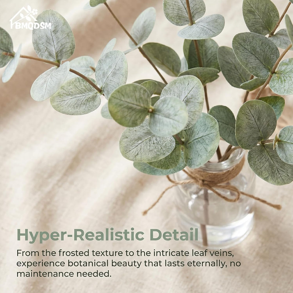 Artificial Eucalyptus Stems in Glass Vase with Faux Water,13.5" Fake Plants for Bathroom Shelf Decor, Farmhouse Centerpieces for Tables, Small Desk Plants for Home Office Decor (Green)