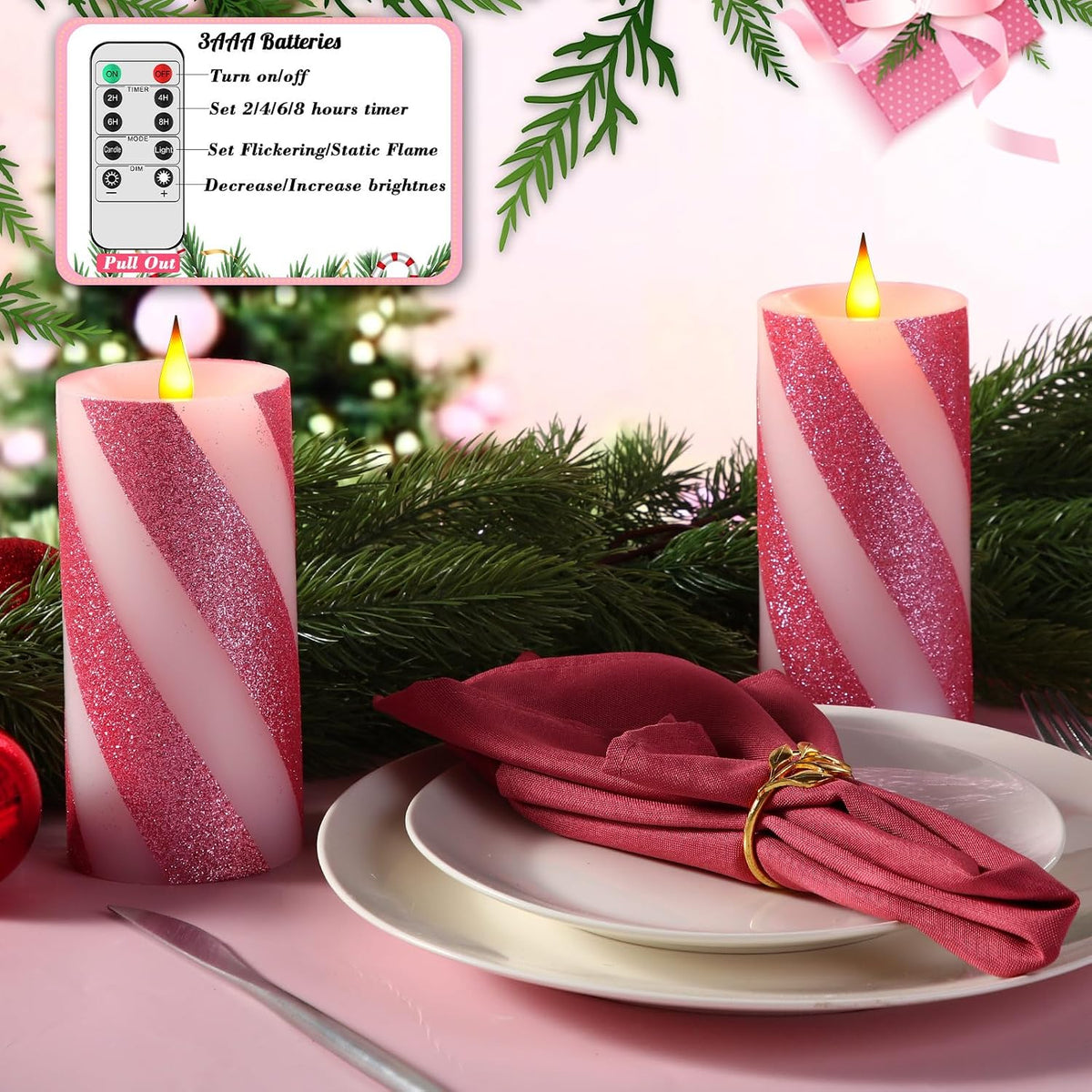 Retisee 2 Pcs Flameless Pillar Candles Remote Timer,3" X 6",Pink