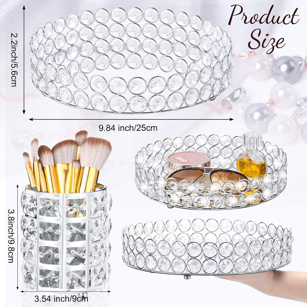 Potchen 3 Pcs Crystal Vanity Tray Mirrored Makeup Brush Holder, Round