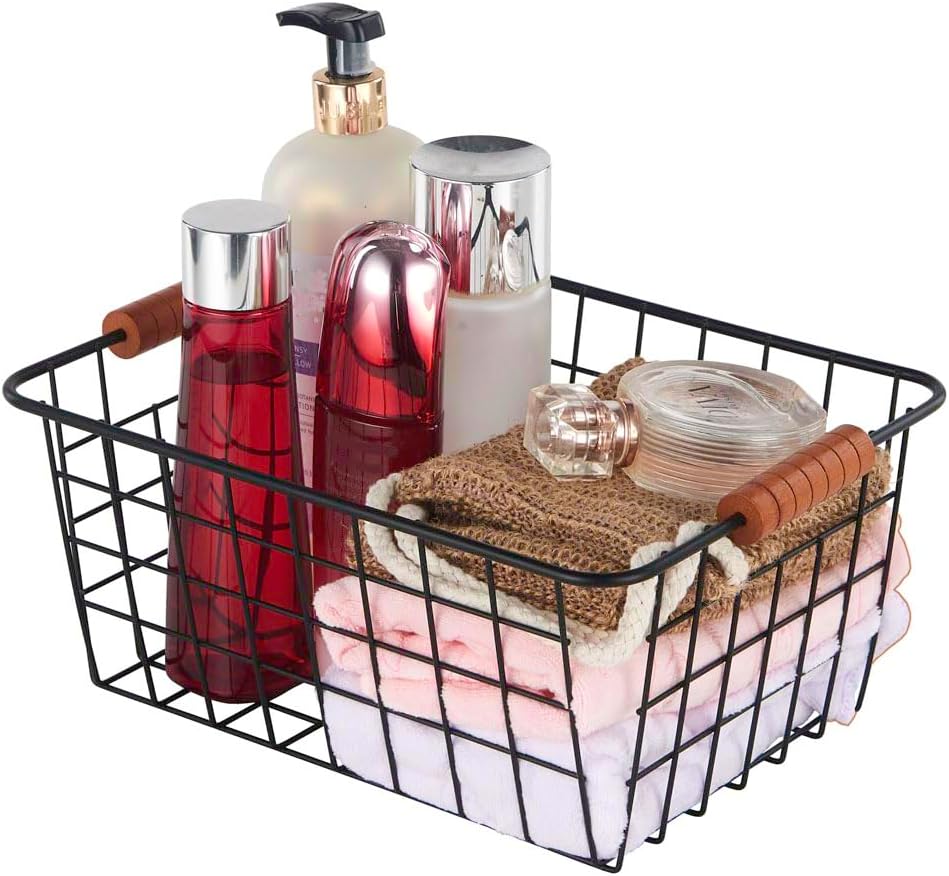 JUNCHU CHERRY Wire Kitchen Storage Basket with Wooden Handle 4 Packs,Black