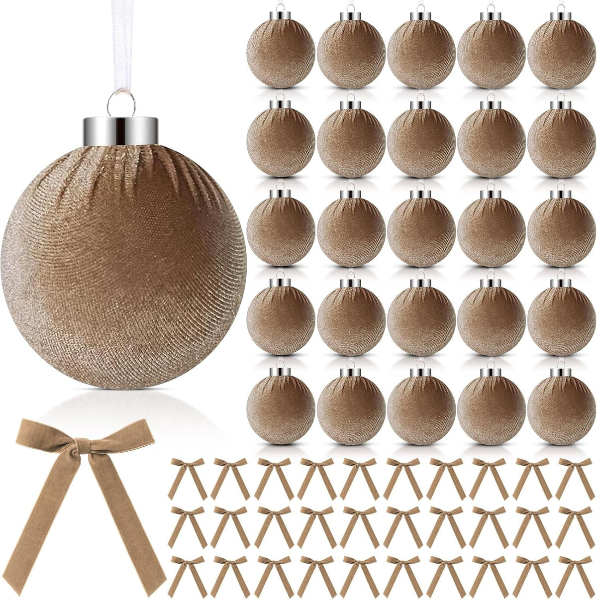 Wettarn 30 Sets Velvet Christmas Ornaments Balls & Bows, Khaki