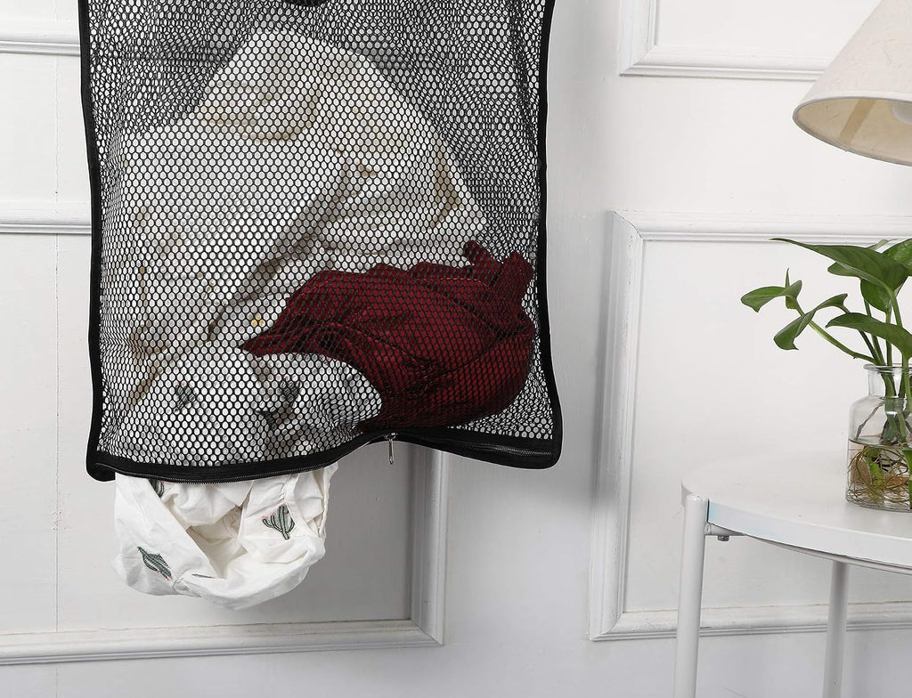 Door-Hanging Mesh Laundry Hamper Bag, Space Saving Corner Small Laundry Basket Dirty Clothes Hamper with Rotating Metal Hanger for Apartment, RV, Camper, Cabin, College Dorm Use(Black)