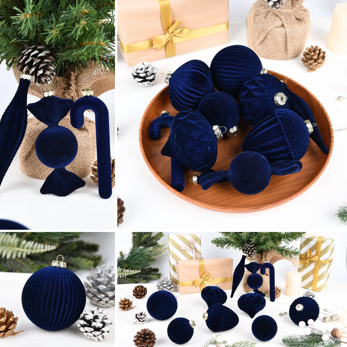 Velvet Ornaments for Christmas Tree Decorations - Navy Blue Flocked Christmas Ornament Set for Winter Holiday Decor - Shatterproof Xmas Balls Ornaments Bulk - Pack of 24