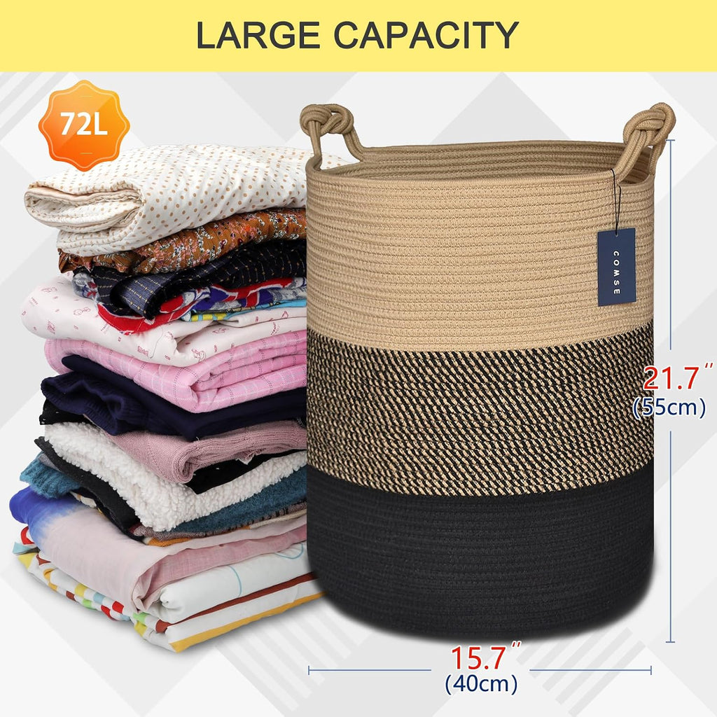 COMSE Tall Woven Blanket & Laundry Basket, 72L, Brown & Black