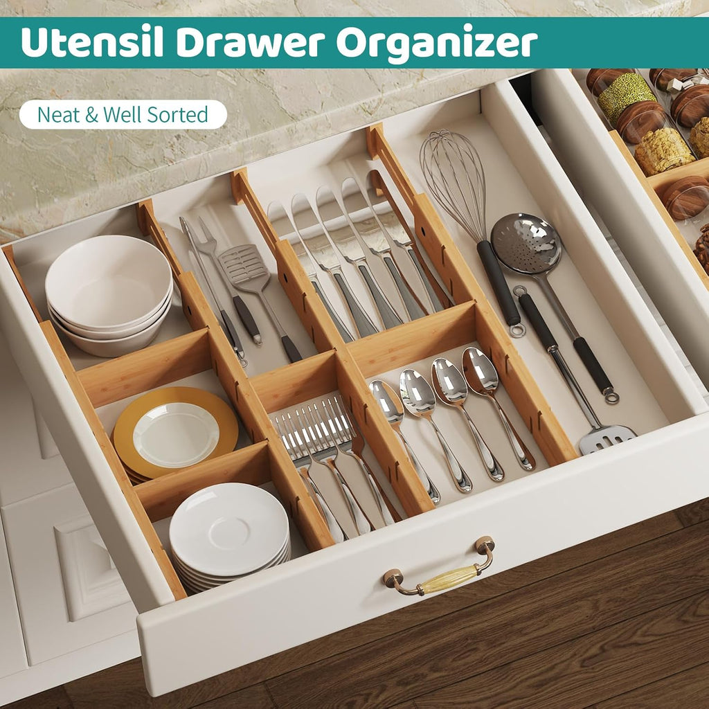 Bamboo Drawer Dividers with Inserts, Kitchen Adjustable Drawer Organizers, Expandable Organization for Home, Dressers, 4 Dividers with 8 Inserts