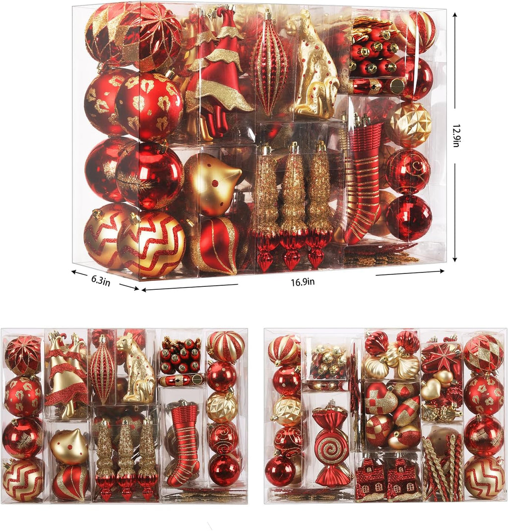 SHareconn 145pcs Christmas Balls Ornaments Set, Shatterproof Plastic Baubles Snowflakes, Stars and Tree Topper for Xmas Tree Holiday Wedding Party Decorations with Hanging Strings, Gold and Red