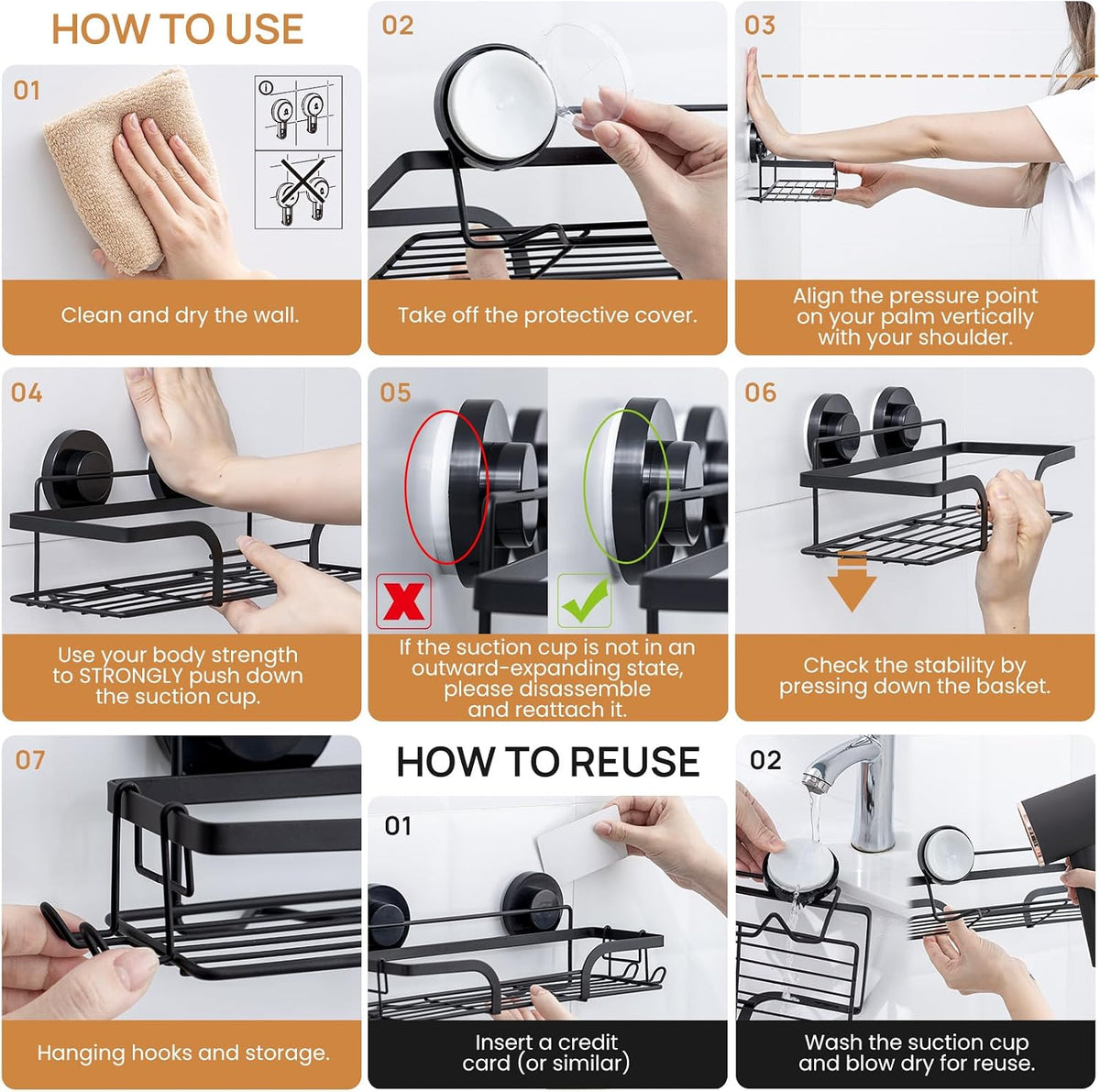LEVERLOC Shower Caddy Suction Cup, 2 Pack Shower Shelves for Inside, Black