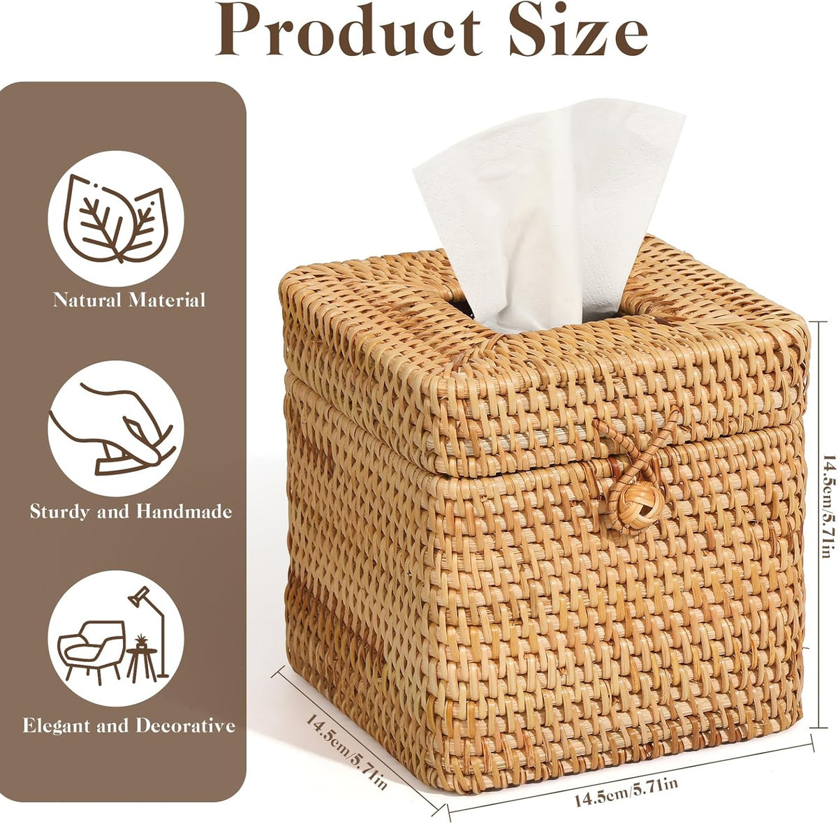 2 Pcs Rattan Tissue Box Cover 5.7" x 5.7" x 5.7"Rattan Square Tissue Box Cover Decorative Woven Facial Tissue Holder with Hinged Top Lid for Home Office Desk Living Room Bathroom Dec
