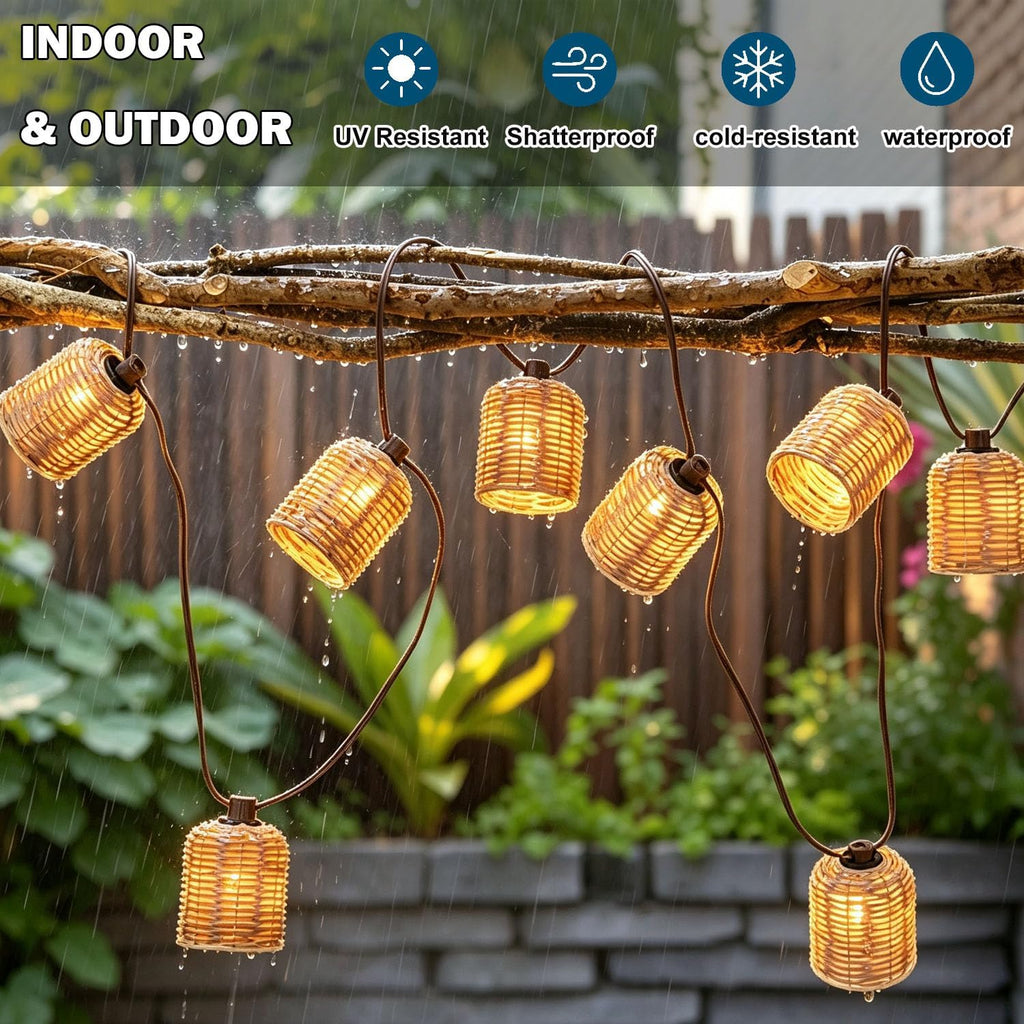 Plug-In Lantern String Lights, 13FT Rattan String Lights 10 Bulbs Natural