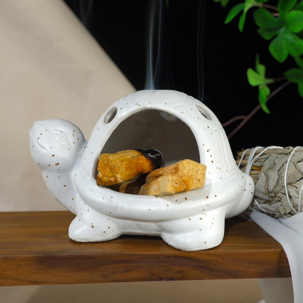 Mougigi Handcrafted White Ceramic Turtle Palo Santo Holder, Sage,
