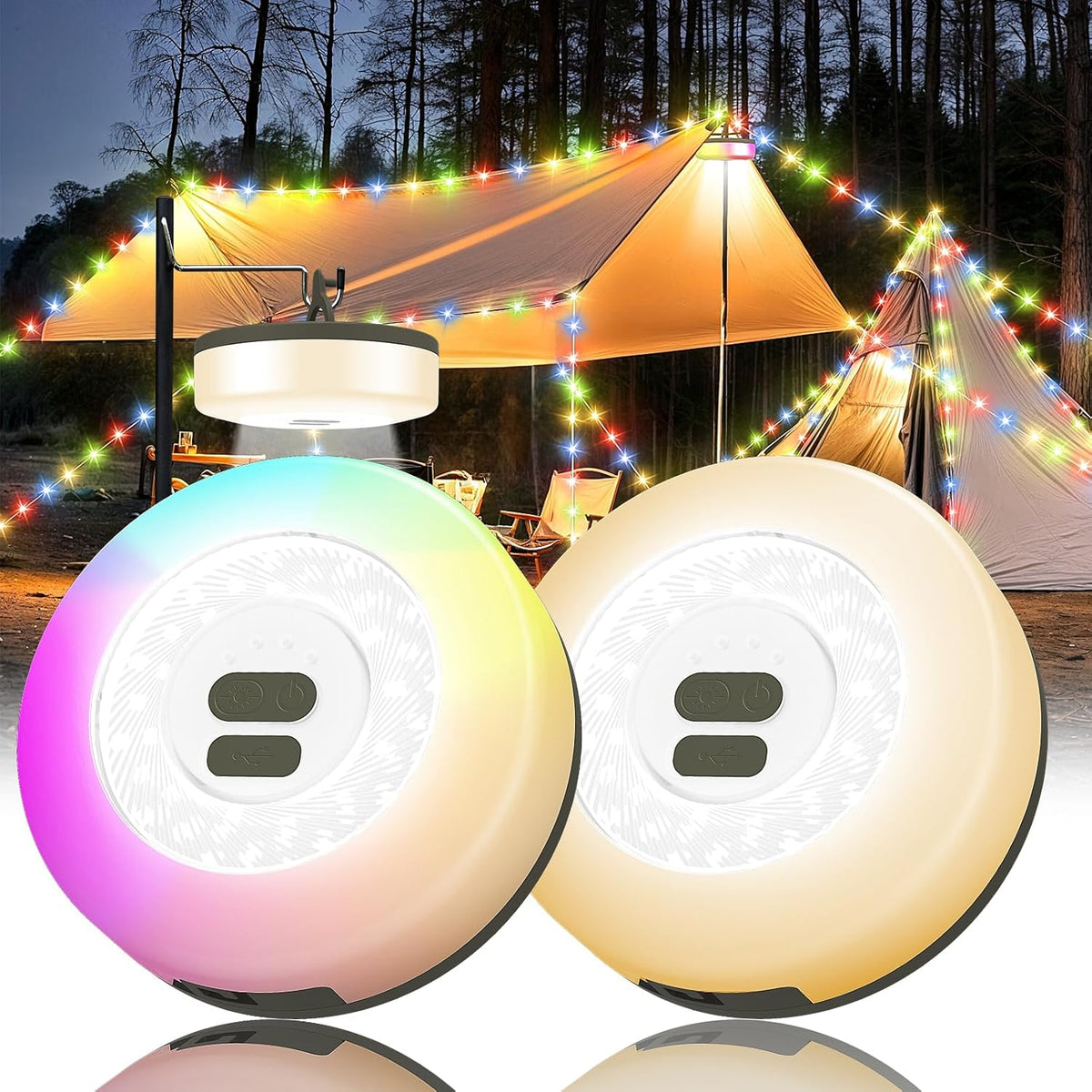2Pack Camping String Lights, 4 in 1 Quick Storage 32.8FT 9 Modes Portable
