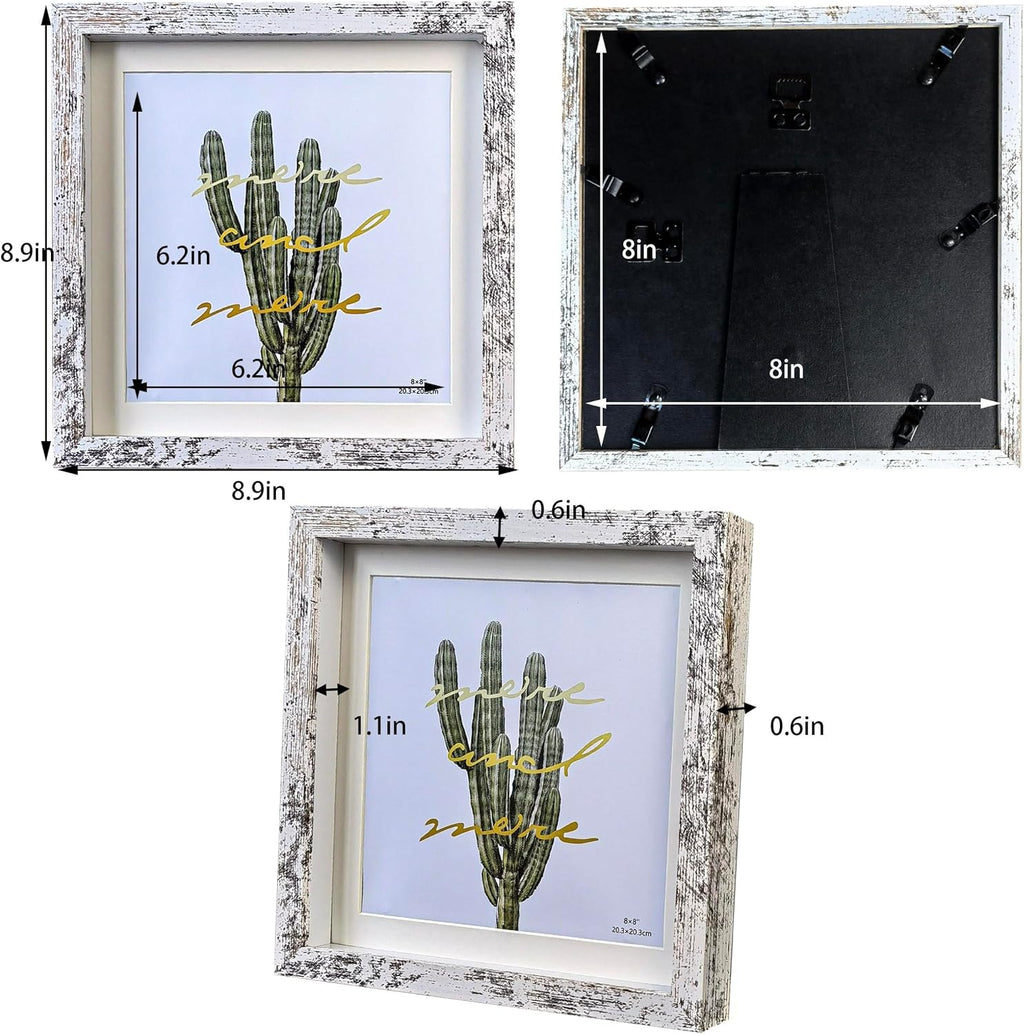 Rustic 8x8 Shadow Box Frame White Shadow Box Display Case Made of Solid Wood and Real Glass Internal Depth 0.6 inches for Wall Or Tabletop（3 Pack）