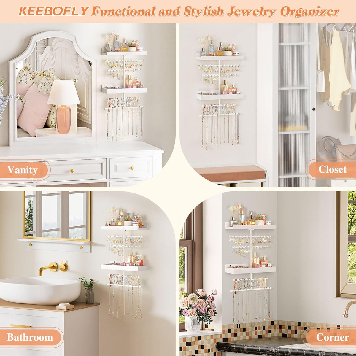 Keebofly Wall Mounted Jewelry Organizer with 2 Tired Shelves & Ring Holder- Jewelry Holder Wall Storage Display for Earrings, Necklace, Bracelet, Hair Accessories for girls in Bathroom Bedroom, White