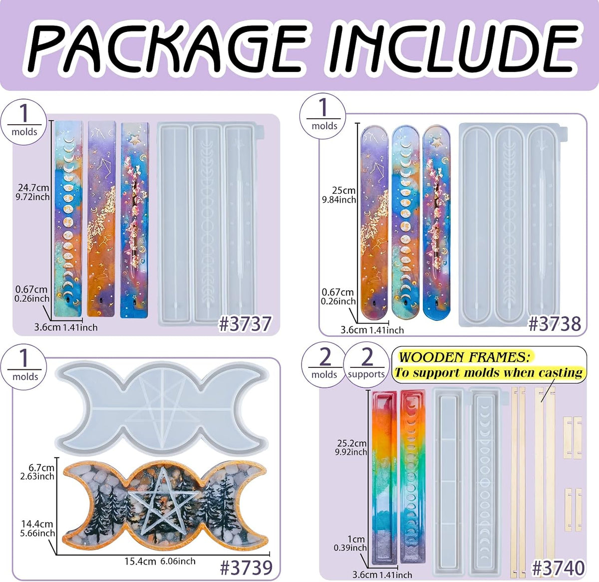 Moon Phase Incense Holder Epoxy Resin Silicone Molds Set Triple Goddess Candle Tray, Ash Catcher, Storage Box 5-Count Around 10inch Long